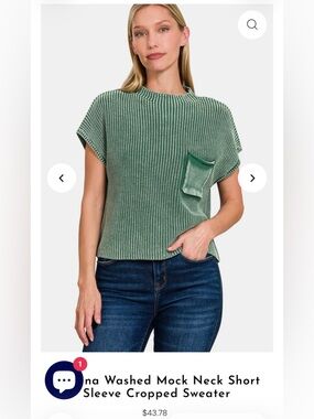 Zenana Washed Mock Neck Short Sleeve Cropped Sweater - Sage Green size S/M